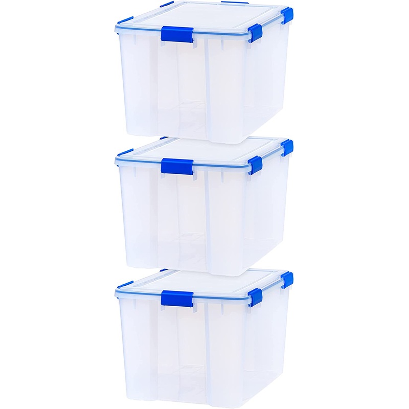 IRIS USA 70 Quart WEATHERPRO Plastic Storage Box with Durable Lid and Seal and Secure Latching Buckles, Clear With Blue Buckles, Weathertight, 3 Pack | Bigbigmart.com