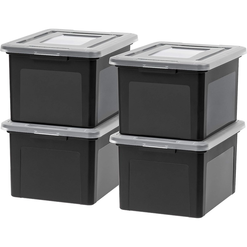 IRIS USA Letter/Legal File Tote Box, 4 Pack, BPA-Free Plastic Storage Bin Tote Organizer with Durable and Secure Latching Lid, Stackable and Nestable, Black/Clear | Bigbigmart.com