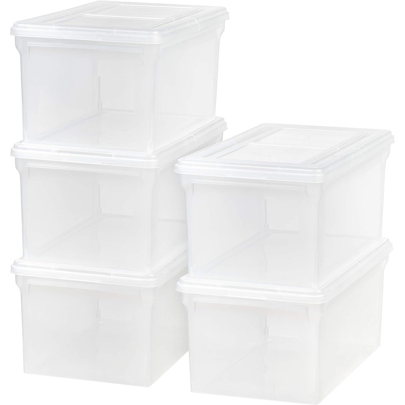 IRIS USA Letter/Legal File Tote Box, 5 Pack, BPA-Free Plastic Storage Bin Tote Organizer with Durable and Secure Hinged Latching Lid, Stackable and Nestable, Clear | Bigbigmart.com