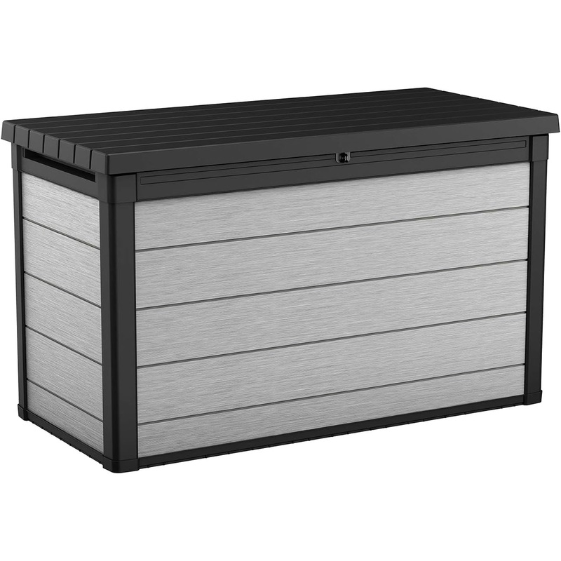 Keter Denali 200 Gallon Resin Large Deck Box-Organization and Storage for Patio Furniture, Outdoor Cushions, Garden Tools and Pool Toys, Grey & Black | Bigbigmart.com