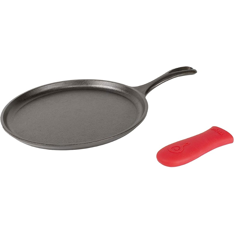 Lodge Cast Iron Round Griddle with Red Silicone Hot Handle Holder, 10.5-inch | Bigbigmart.com