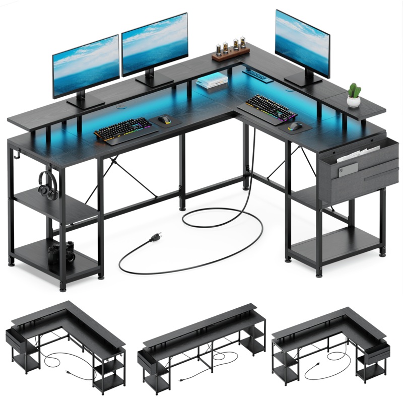 Lulive L Shaped Desk with LED Light and Power Outlet, 95 Reversible Corner Computer Desk with Monitor Stand and Storage Shelf, Modern L- Shaped Gaming Desk, Black | Bigbigmart.com