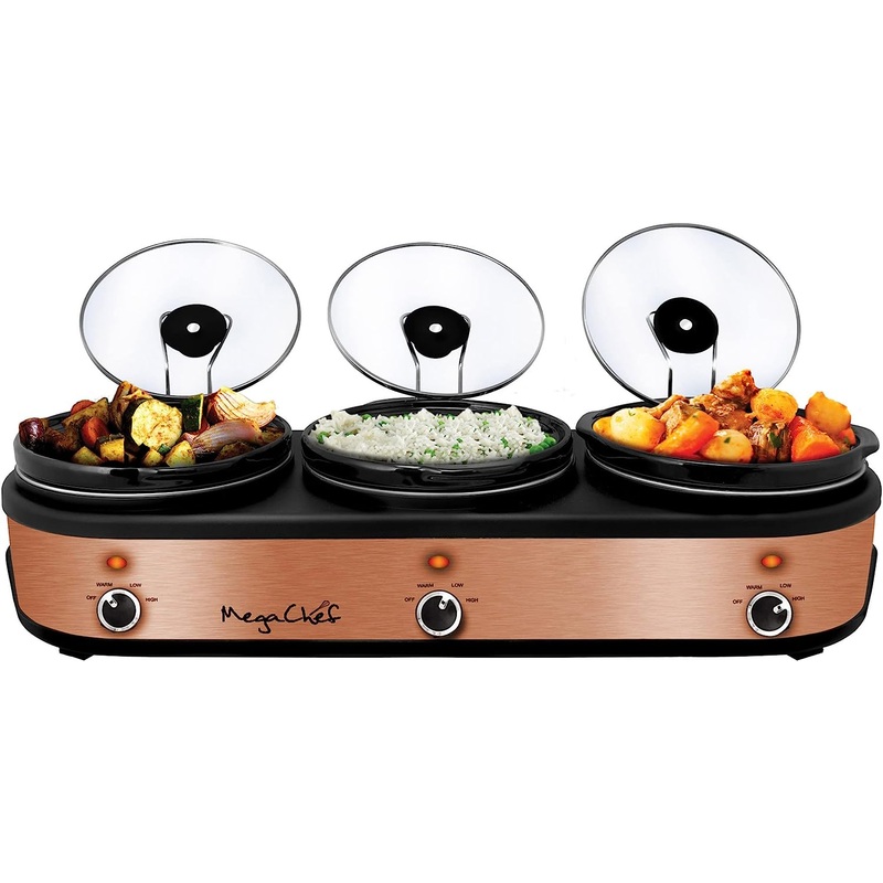 Megachef Triple 2.5 Quart Slow Cooker and Buffet Server in Brushed Copper and Black Finish with 3 Ceramic Cooking Pots and Removable Lid Rests | Bigbigmart.com