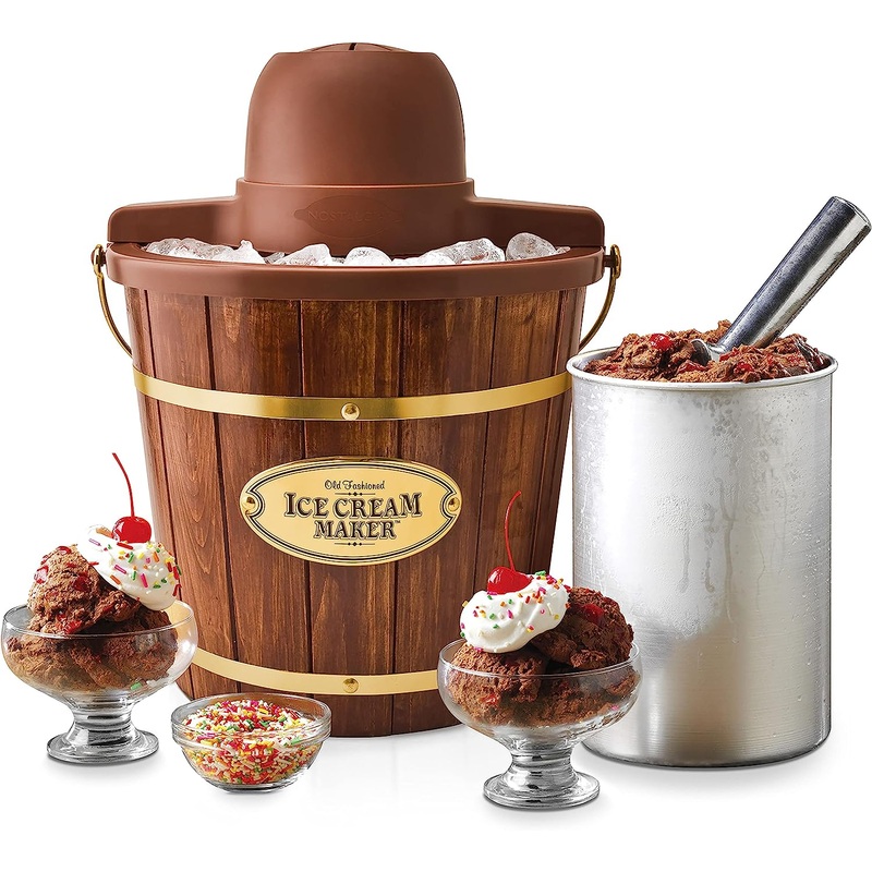 Nostalgia Electric Ice Cream Maker – Old Fashioned Soft Serve Ice Cream Machine Makes Frozen Yogurt or Gelato in Minutes – Fun Kitchen Appliance – Vintage Wooden Style – Dark Wood – 4 Quart | Bigbigmart.com
