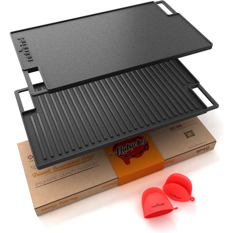 NutriChef Cast Iron Reversible Grill Plate – 18 Inch Flat Cast Iron Skillet Griddle Pan For Stove Top, Gas Range Grilling Pan w/ Silicone Oven Mitt
