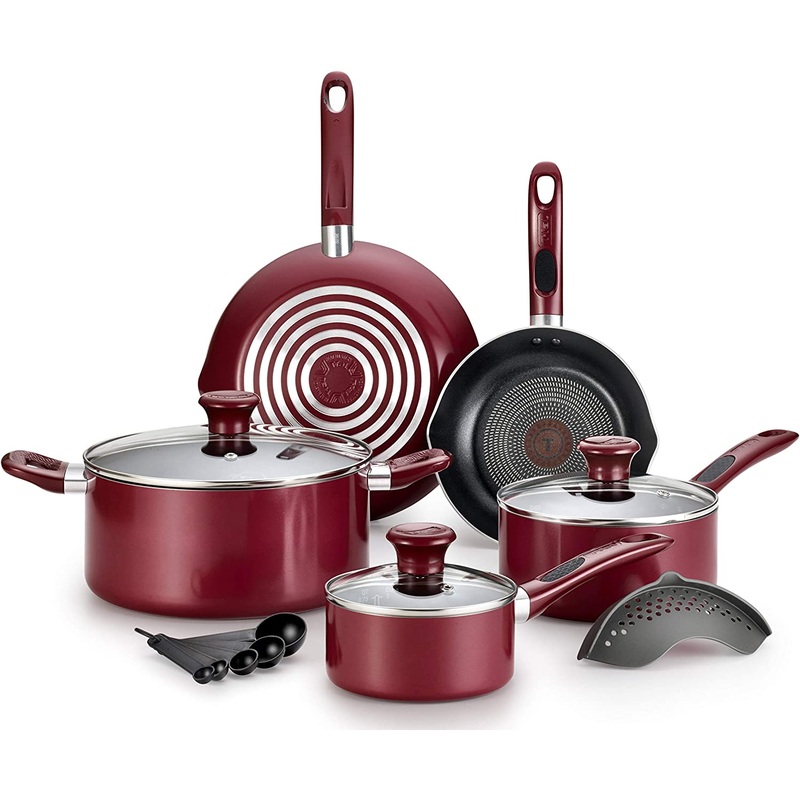 T-fal Excite ProGlide Nonstick Thermo-Spot Heat Indicator Dishwasher Oven Safe Cookware Set, 14-Piece, Red | Bigbigmart.com