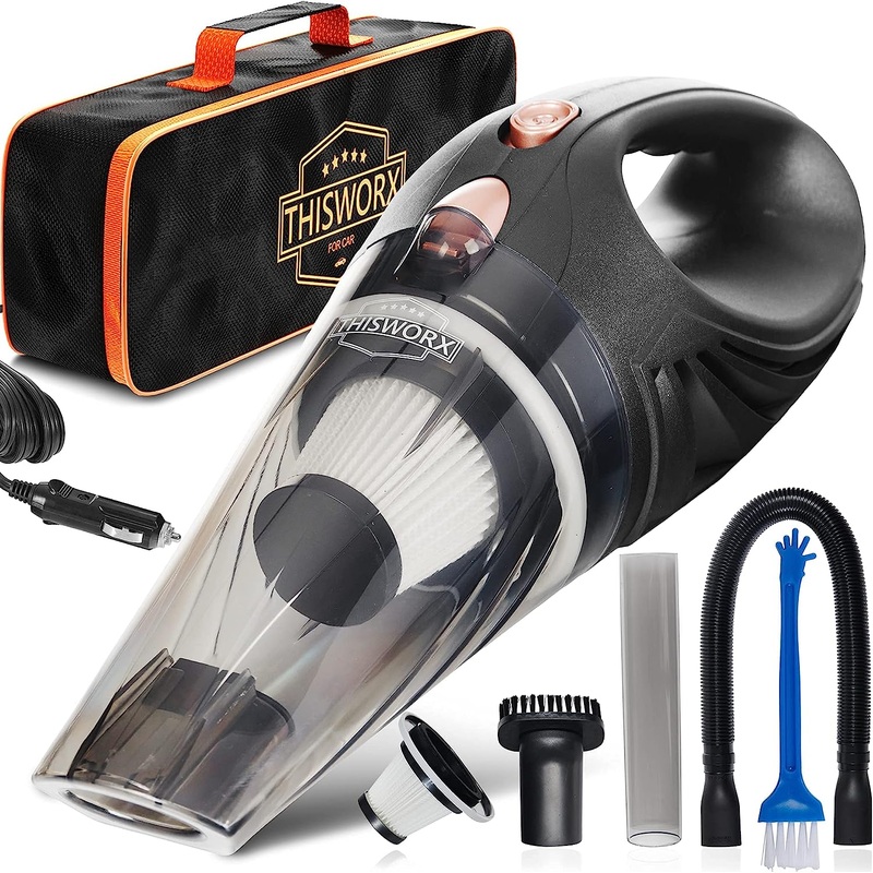 ThisWorx Car Vacuum Cleaner – Car Accessories – Small 12V High Power Handheld Portable Car Vacuum w/Attachments, 16 Ft Cord & Bag – Detailing Kit Essentials for Travel, RV Camper, Black | Bigbigmart.com