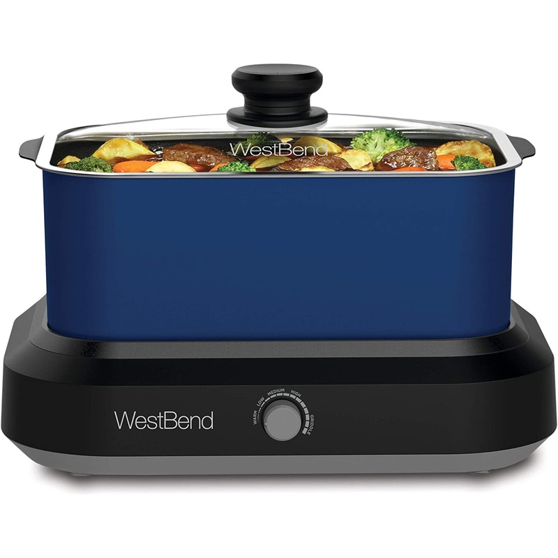 West Bend 87905B Slow Cooker Large Capacity Non-stick Variable Temperature Control Includes Travel Lid and Thermal Carrying Case, 5-Quart, Blue | Bigbigmart.com