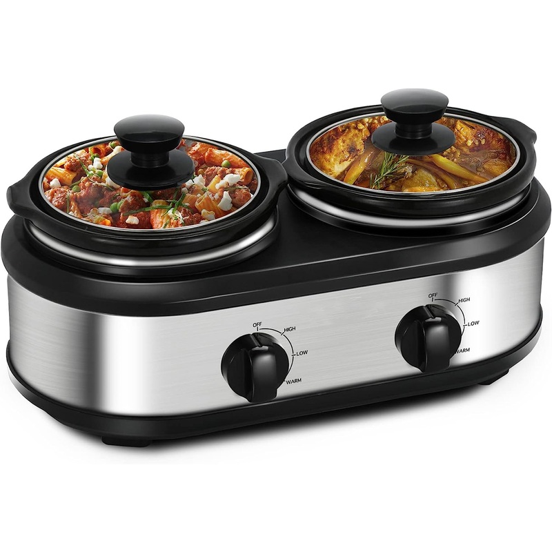 X WINDAZE Dual Slow Cooker, Buffet Servers and Warmers with 2 X 1.25Qt, Tempered glass lids and Lid Rests, 3 Adjustable Temp, Stainless Steel | Bigbigmart.com