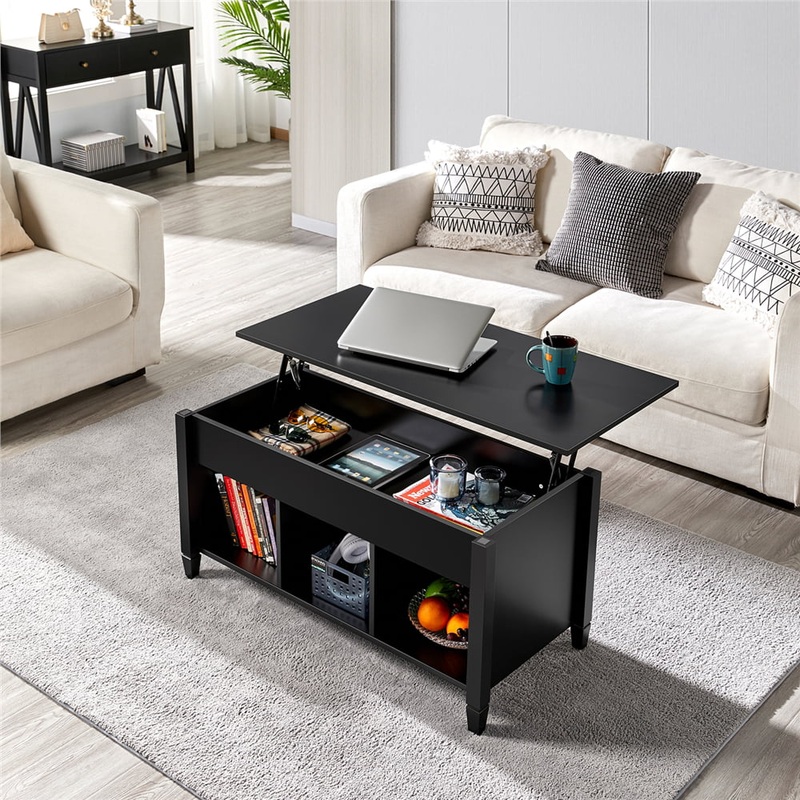 Alden Design 41 Lift Top Coffee Table with 3 Storage Compartments, Black | Bigbigmart.com