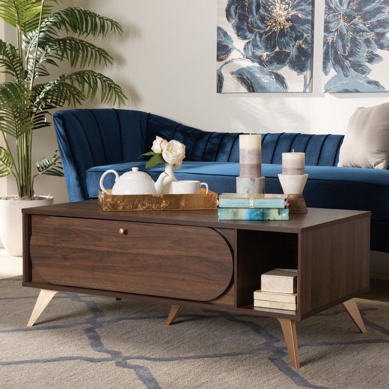 Baxton Studio Edel Mid-Century Modern Walnut Brown and Gold Finished Wood Coffee Table | Bigbigmart.com