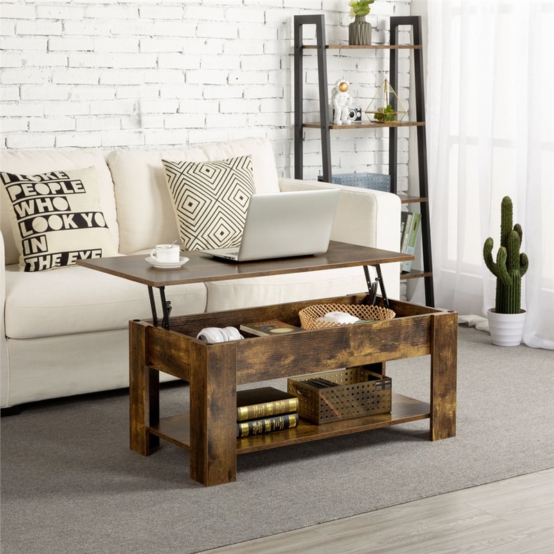 Easyfashion Modern 38.6 Wood Lift Top Coffee Table with Lower Shelf, Rustic Brown | Bigbigmart.com