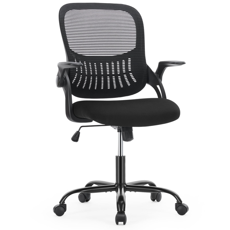Ergonomic Office Chair, Mesh Computer Chair Home Office Desk Chairs with Flip-Up Arms, Height Adjustable, Rolling Swivel Chair with Lumbar Support , Tilt and Lock, Black | Bigbigmart.com