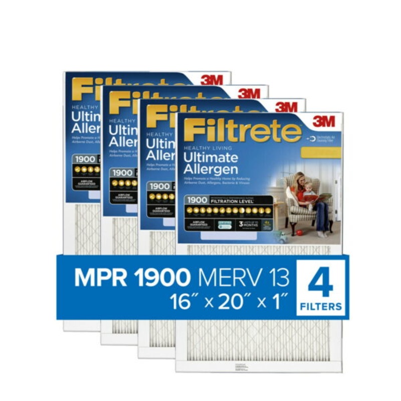 Filtrete 16x20x1 Air Filter, MPR 1900 MERV 13, Healthy Living Ultimate Allergen, Captures Smoke, Bacteria and Virus Particles, 4 Filters | Bigbigmart.com