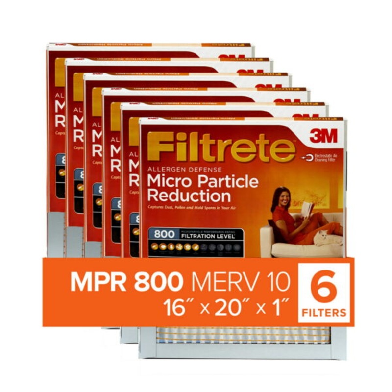 Filtrete by 3M, 16x20x1, MERV 10, Micro Particle Reduction HVAC Furnace Air Filter, Captures Pet Dander and Pollen, 800 MPR, 6 Filters | Bigbigmart.com