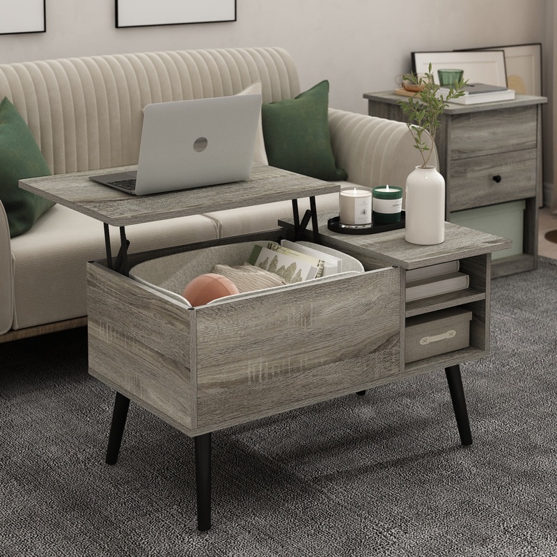 Furinno Jensen Lift Top Coffee Table With Wooden Leg, French Oak Grey | Bigbigmart.com