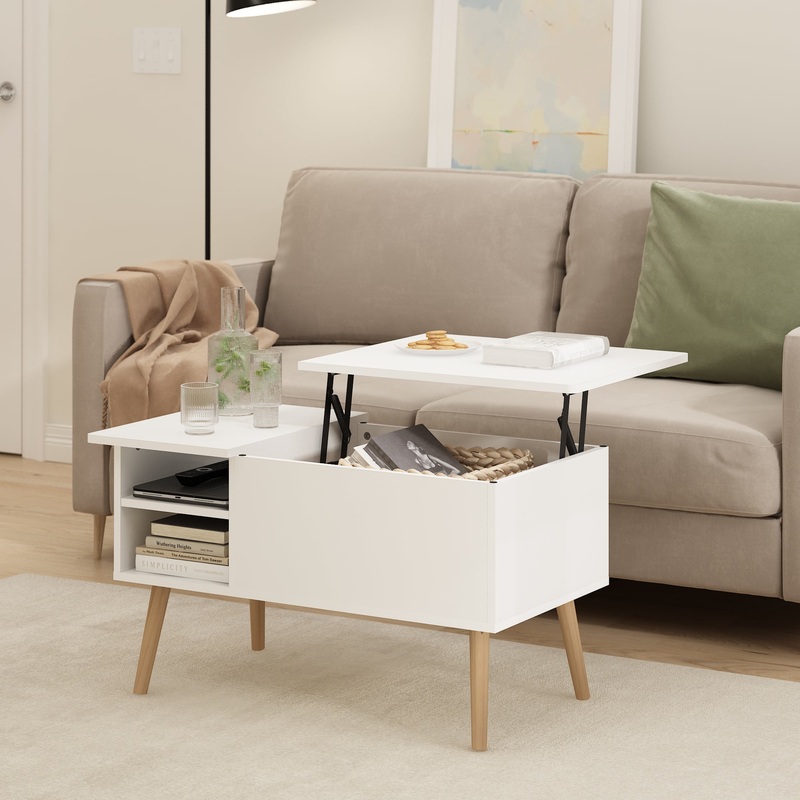 Furinno Jensen Lift Top Coffee Table With Wooden Leg, Solid White | Bigbigmart.com