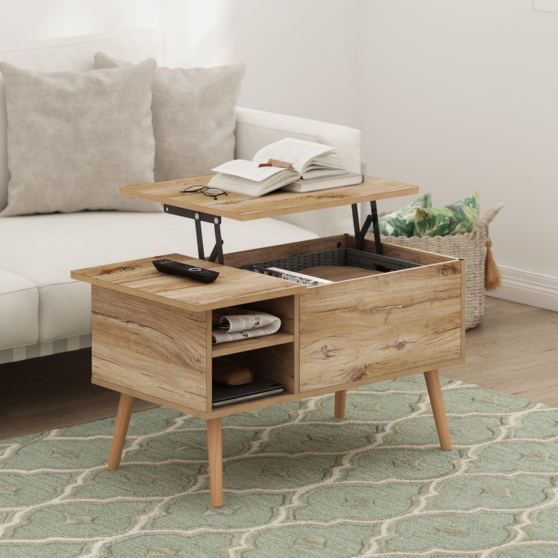 Furinno Jensen Living Room Wooden Leg Lift Top Coffee Table With Hidden Compartment and Side Open Storage Shelf, Flagstaff Oak | Bigbigmart.com