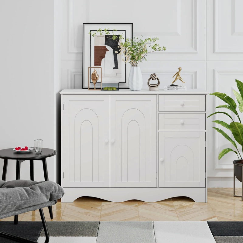 Homfa Kitchen Storage Cabinet, White Buffet Server Cupboard, Floor Sideboard Cabinet with 3 Doors and 2 Drawers for Living Room | Bigbigmart.com