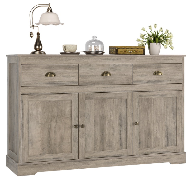 Homfa Sideboard Storage Cabinet with 3 Drawers & 3 Doors, 53.54” Wide Buffet Cabinet for Dining Room, Gray | Bigbigmart.com