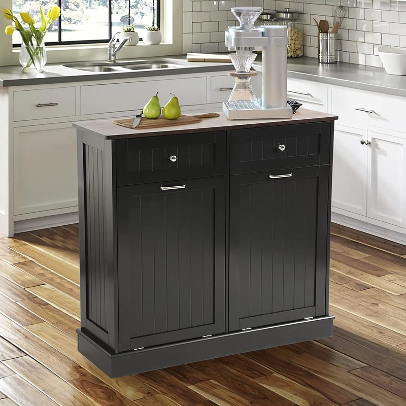 KIGOTY Dual Kitchen Trash Cabinet, Double Tilt Out Trash Can Cabinet with Countertop and Drawer, Free-Standing Pet Proof Recycling Cabinet Garbage Can Holder (Black) | Bigbigmart.com
