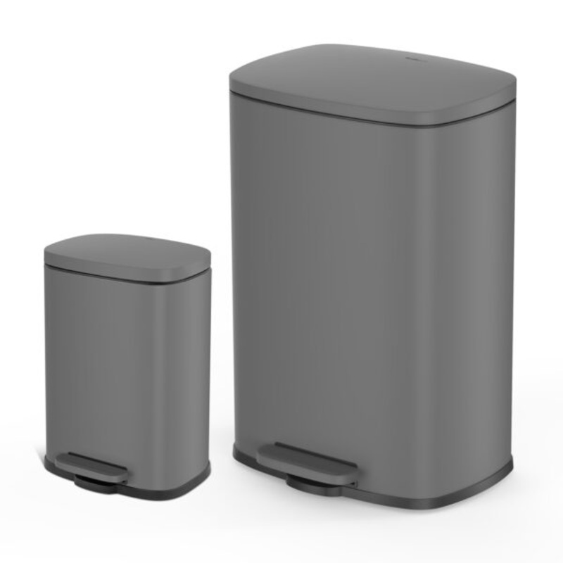 Qualiazero 13.2 Gallon and 3.2 Gallon Trash Can Combo, Rectangular Shape Step Can Combo – Matte Gray | Bigbigmart.com