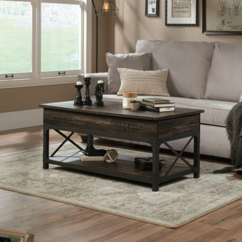 Sauder Steel River Rustic Lift Top Coffee Table with Shelf & Storage, Carbon Oak Finish | Bigbigmart.com