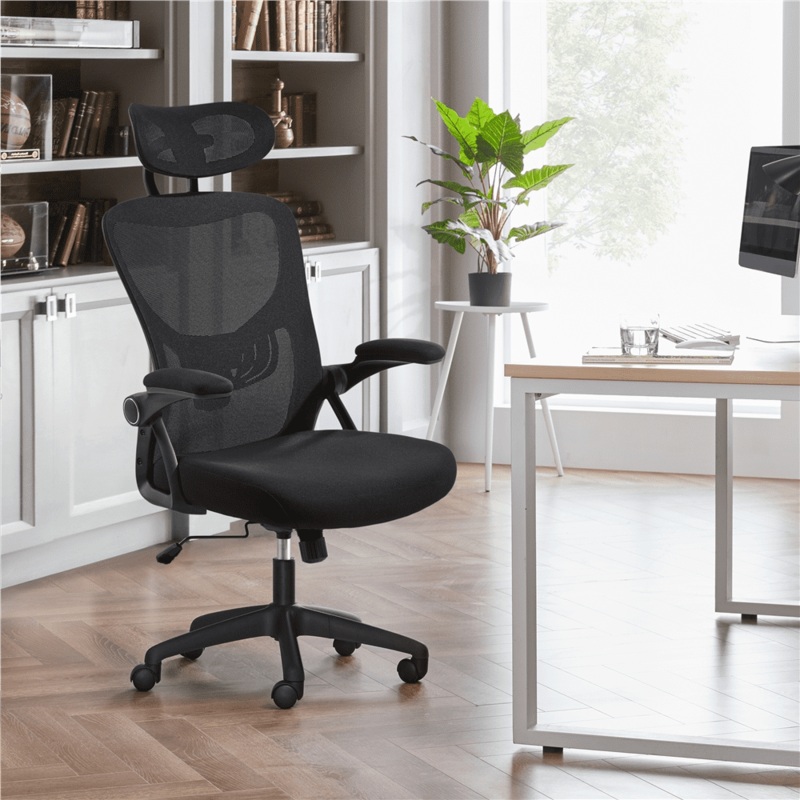SMILE MART Adjustable High Back Mesh Office Chair with Folding Padded Armrests, Black | Bigbigmart.com