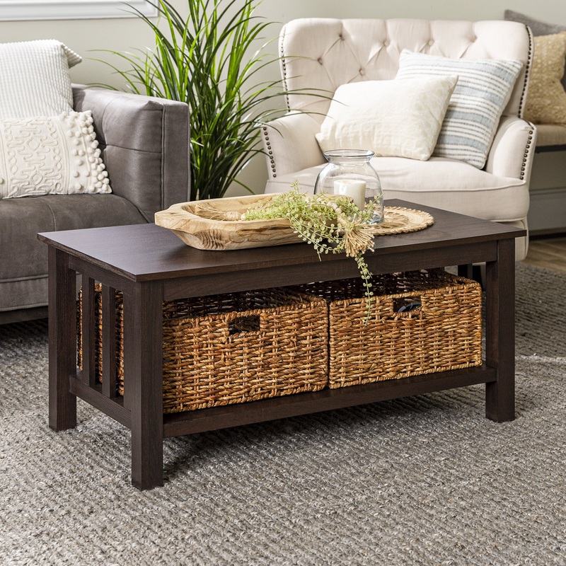 Woven Paths Traditional Storage Coffee Table with Bins, Espresso | Bigbigmart.com