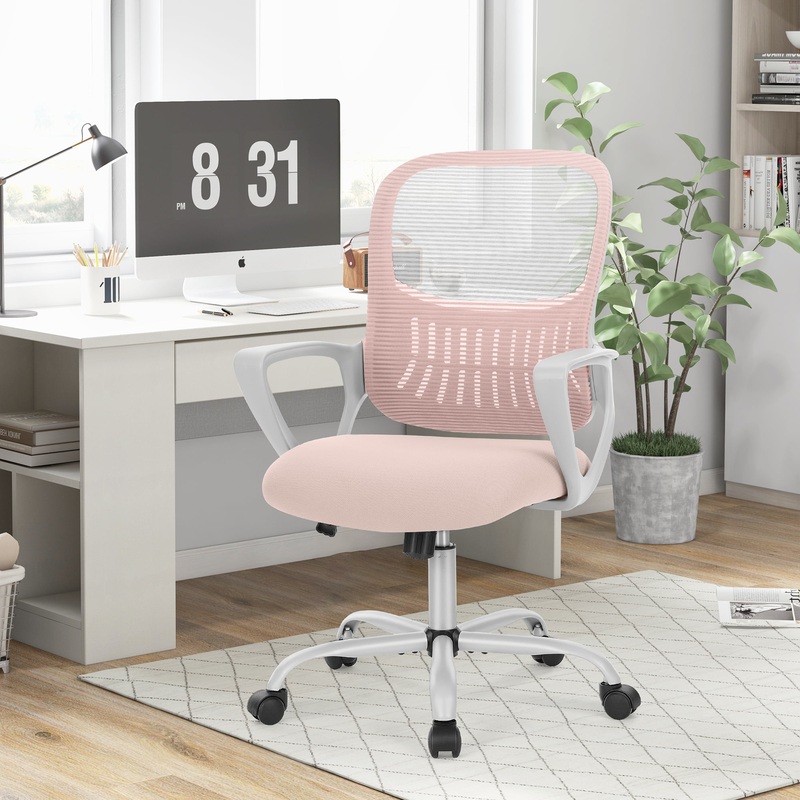 Yangming Ergonomic Office Chair, Mid Back Mesh Desk Chair with Lumbar Support for Home Office, Pink | Bigbigmart.com