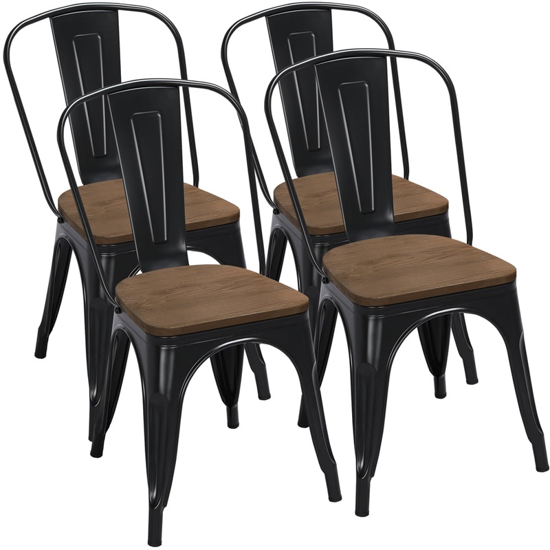 Alden Design Metal Stackable Dining Chairs with Wooden Seat, Set of 4, Black | Bigbigmart.com