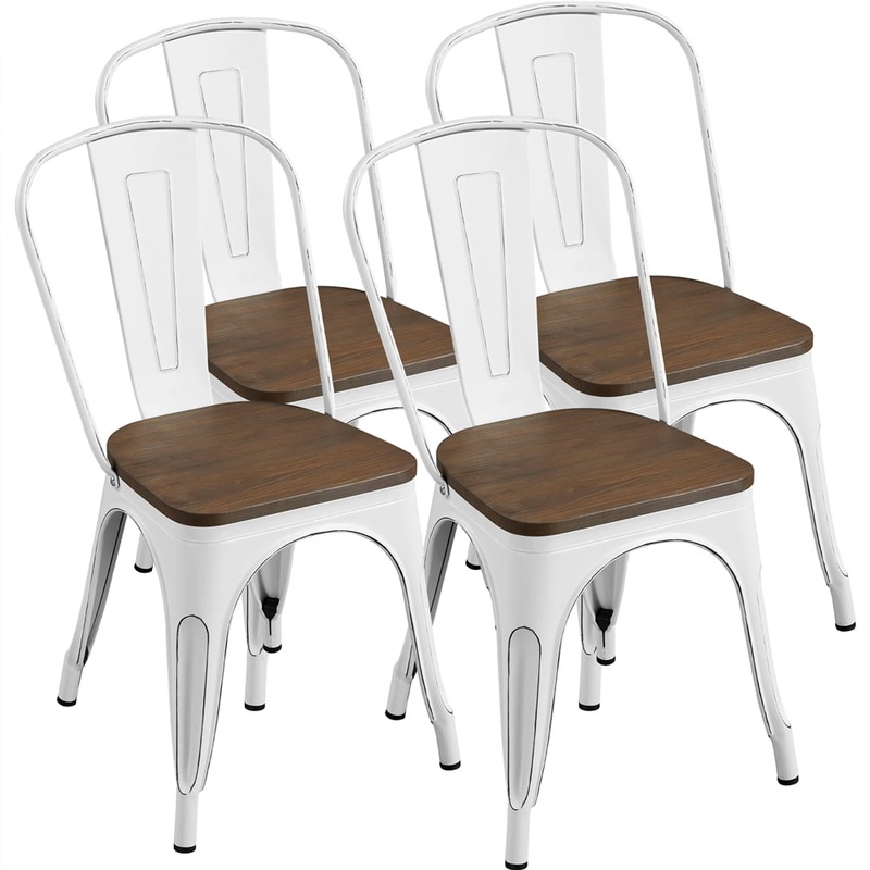 Alden Design Metal Stackable Dining Chairs with Wooden Seat, Set of 4, White | Bigbigmart.com