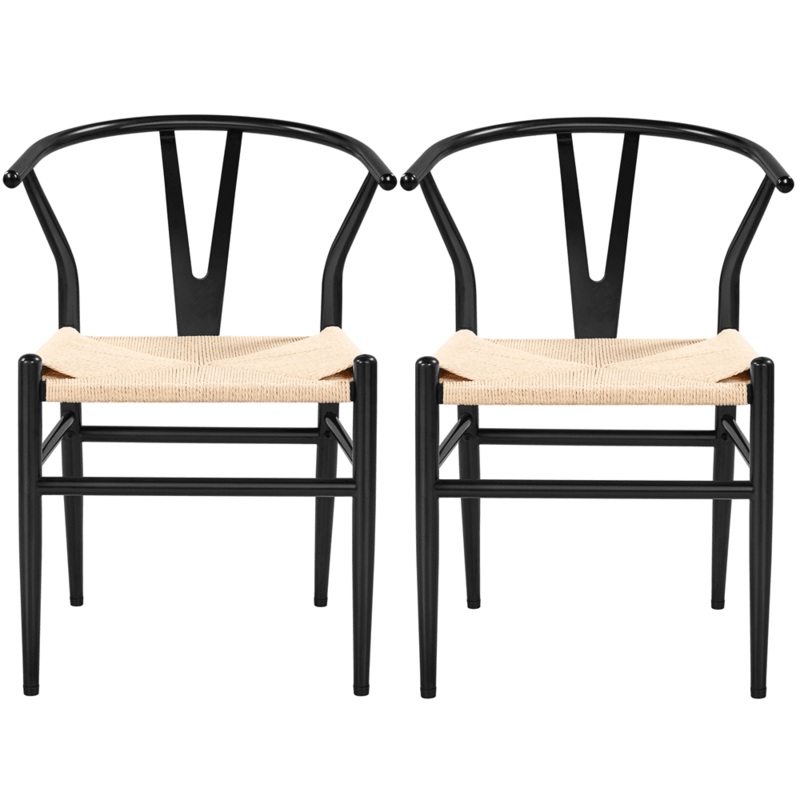 Alden Design Mid-Century Metal Dining Chairs with Woven Hemp Seat, Set of 2, Black | Bigbigmart.com