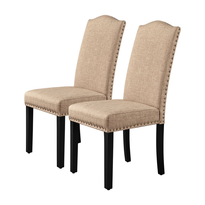 Alden Design Tufted High Back Dining Chair with Solid Wood Legs, Set of 2, Khaki | Bigbigmart.com