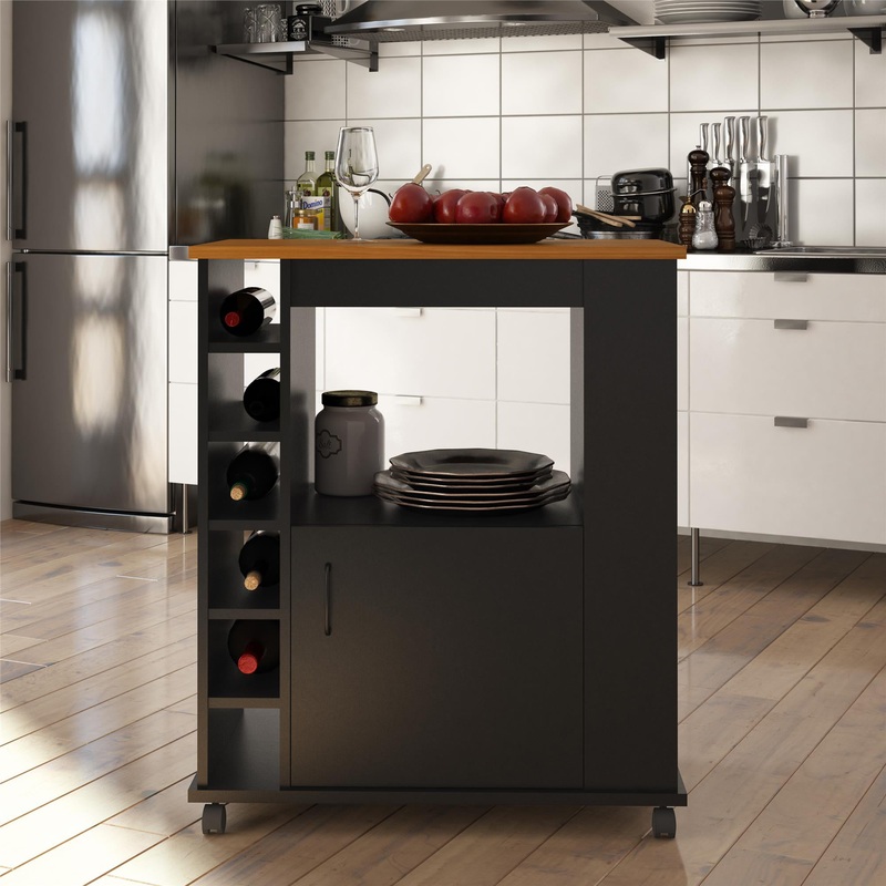 Ameriwood Home Williams Kitchen Island Microwave Cart with Rolling Casters, Black | Bigbigmart.com