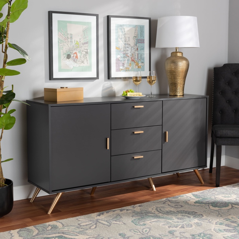 Baxton Studio Kelson Modern and Contemporary Dark Grey and Gold Finished Wood 2-Door Sideboard Buffet | Bigbigmart.com