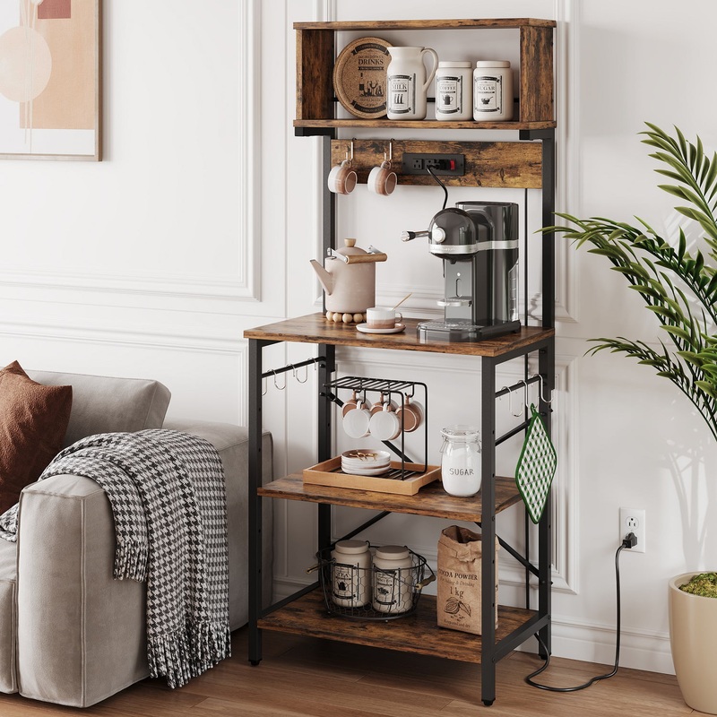 Bestier 60.3 inch 5-Tier Kitchen Bakers Rack with Power Outlets Wood Kitchen Rack in Rustic | Bigbigmart.com