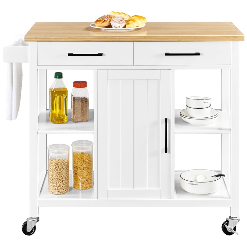 Easyfashion Mobile Kitchen Island Kitchen Cart on Lockable Wheels With Storage, White | Bigbigmart.com