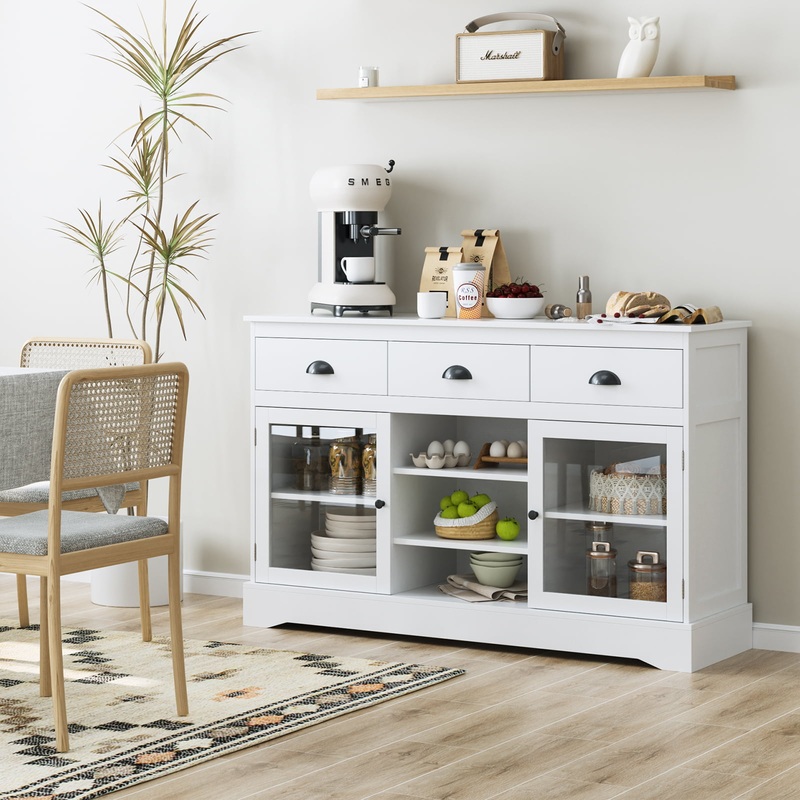 Homfa Sideboard Buffet, 53” Wide Kitchen Cupboard Storage Cabinet with 3 Drawers, White | Bigbigmart.com