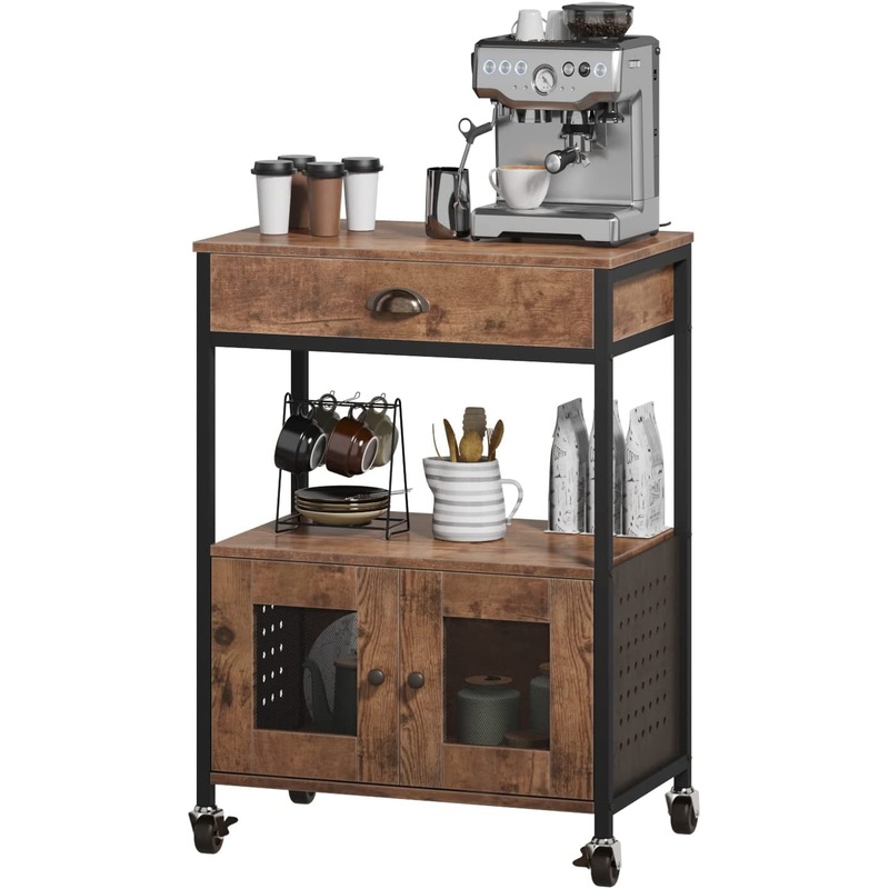 Kitchen Bakers Rack, Industrial Microwave Oven Stand with Shelf, Coffee Bar Cart Kitchen Island on Wheels with Storage, Rustic Brown | Bigbigmart.com