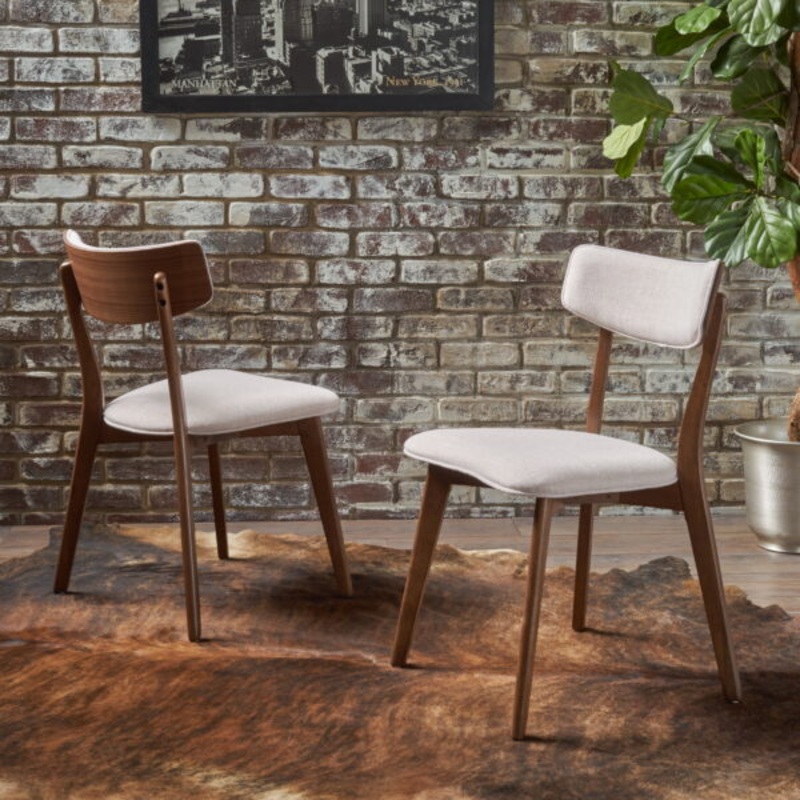 Noble House Sadie Indoor Mid-Century Fabric Dining Chairs, Set of 2, Beige, Walnut | Bigbigmart.com