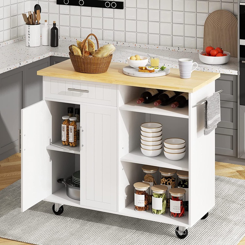 Walsunny Kitchen Island Cart with Storage,Rolling Kitchen Island Side Table on Wheels with Large Worktop,Storage Cabinet,Towel Rack and DrawersWhite | Bigbigmart.com