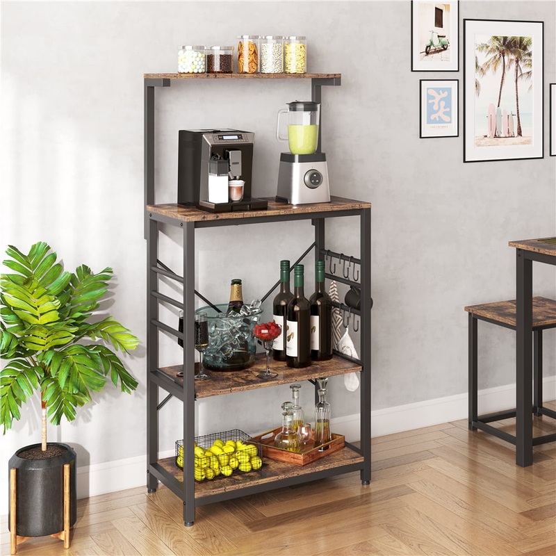 Yaheetech Kitchen Baker’s Rack Utility Storage Shelf Microwave Stand Cart on Wheels with Side Hooks, Rustic Brown | Bigbigmart.com