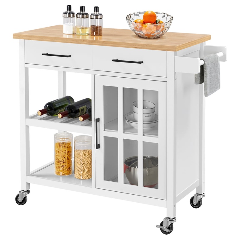 Yaheetech Mobile Kitchen Island Kitchen Cart with Bamboo Top and Storage & Tempered Glass Cabinet Door, White | Bigbigmart.com