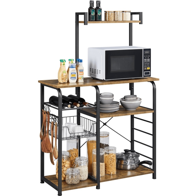 Alden Design 35.5 Kitchen Storage Shelf Baker’s Rack with 10 Hooks, Rustic Brown | Bigbigmart.com
