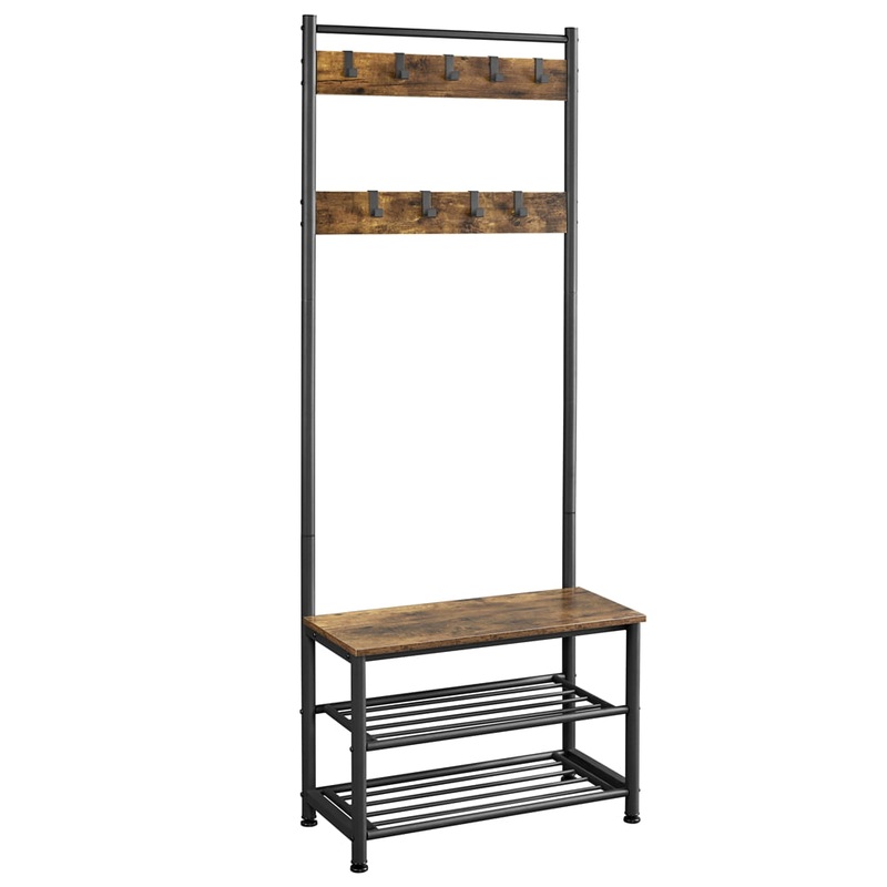 Alden Design 73 Metal Hall Tree with Shoe Storage Bench, Rustic Brown | Bigbigmart.com