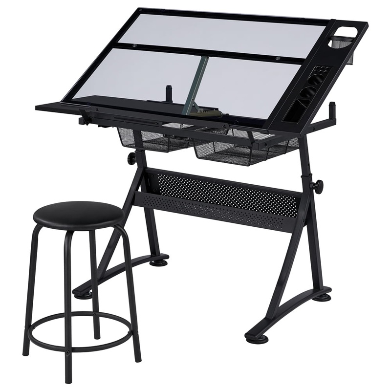 Alden Design Adjustable Glass Top Drafting Table with Stool, Black | Bigbigmart.com