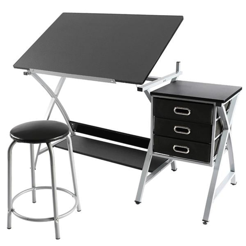 Alden Design Adjustable Steel Drafting Table with Stool, Black | Bigbigmart.com