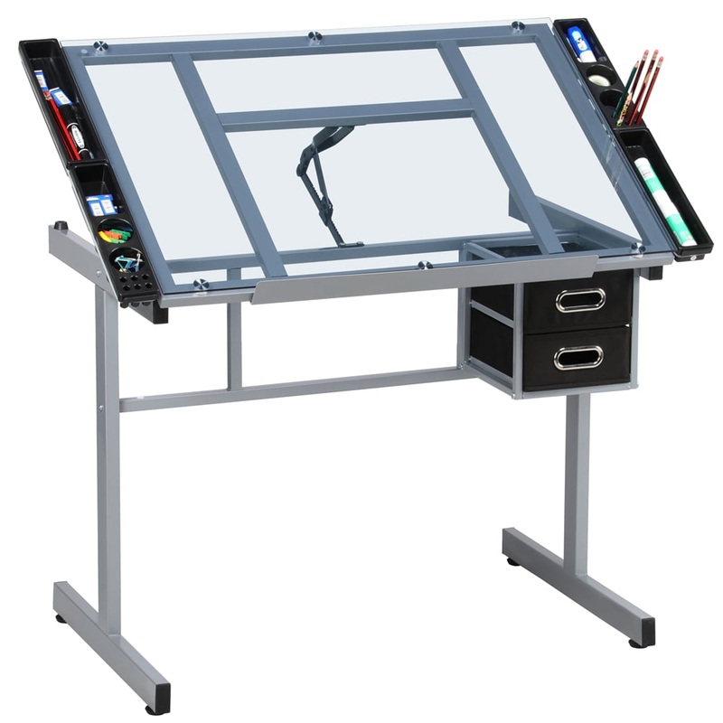 Alden Design Tempered Glass Adjustable Drafting Table with Storage Drawers | Bigbigmart.com
