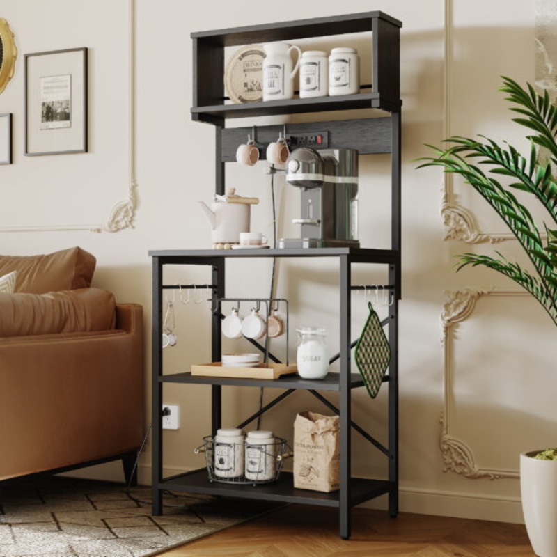 Bestier 60.3 inch 5-Tier Kitchen Bakers Rack with Power Outlets Wood Kitchen Rack in Black | Bigbigmart.com